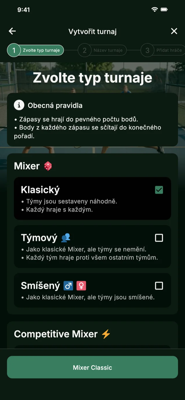 Výběr formátu turnaje pickleball pro Mixer a Competitive Mixer