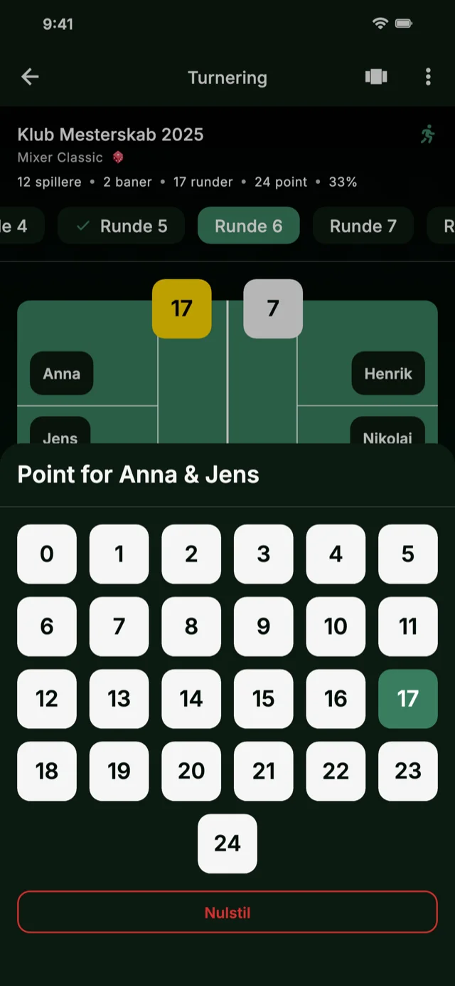 App skærmbillede der viser pointindtastning