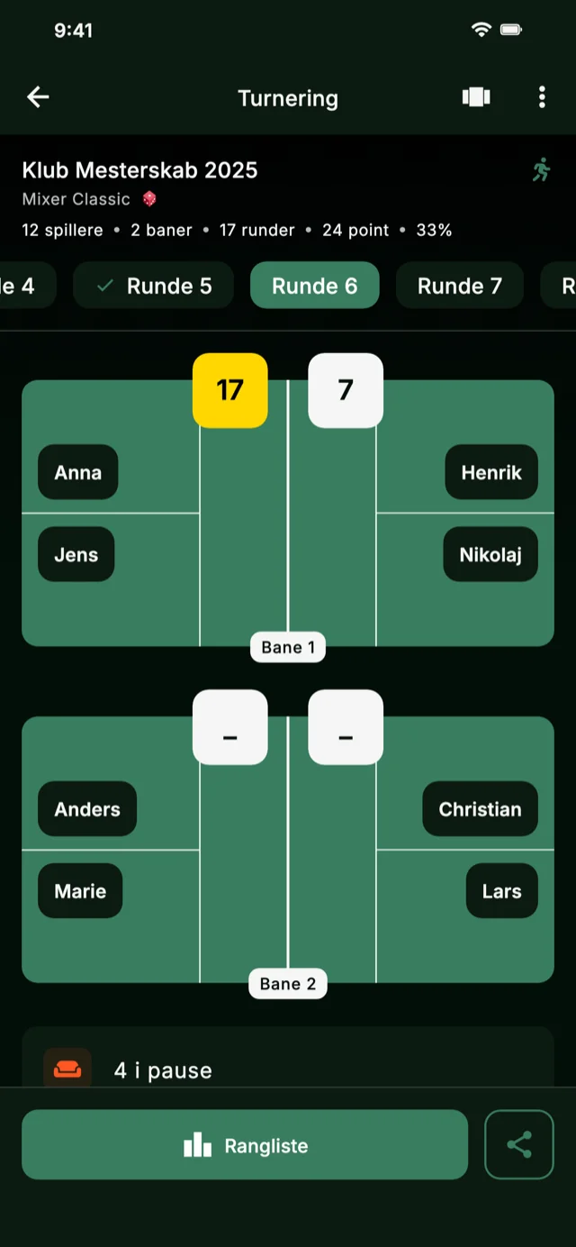 App skærmbillede der viser turneringsrunder