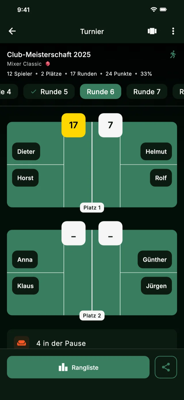 App-Screenshot mit Turnierunden