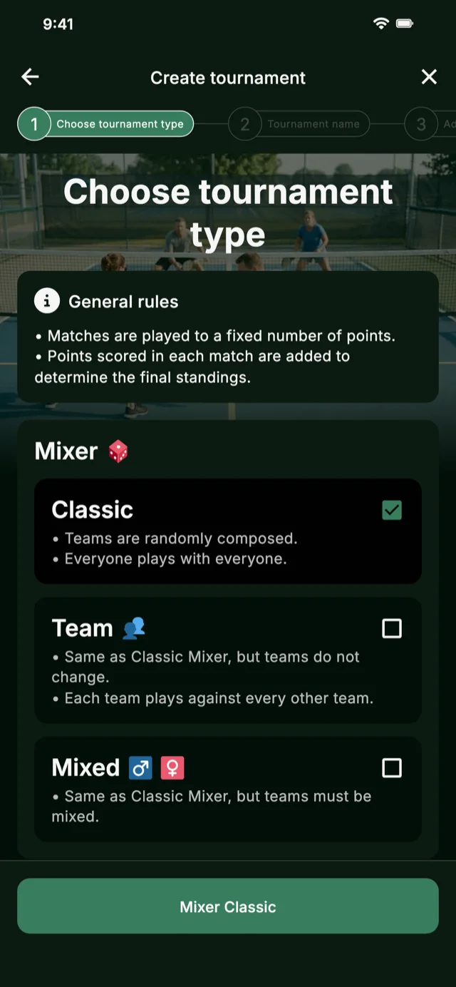 Pickleball tournament format selection for Mixer and Competitive Mixer