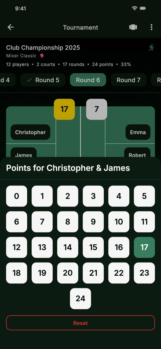 App screenshot showing score input