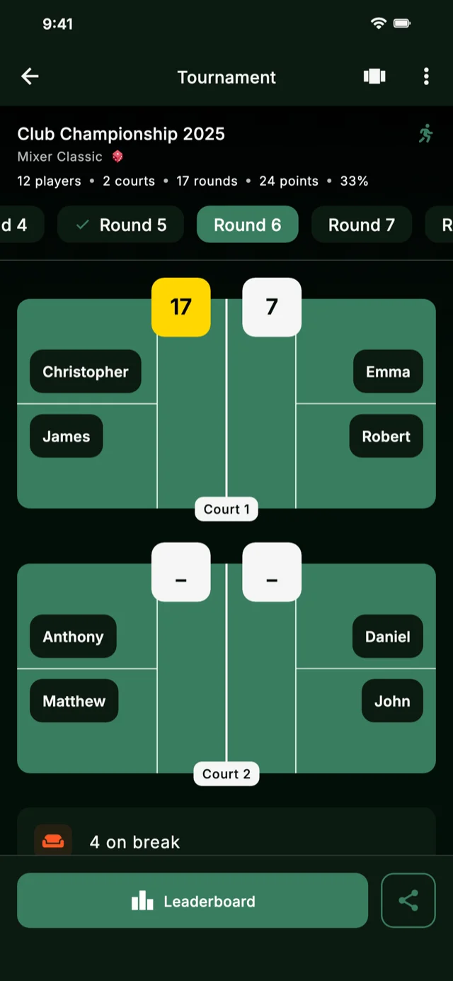 App screenshot showing tournament rounds