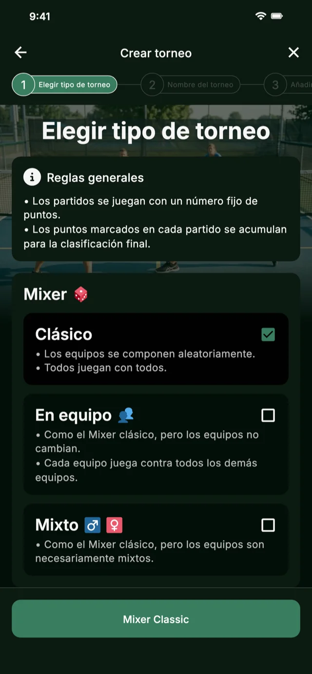 Selección de formato de torneo de pickleball para Mixer y Competitive Mixer