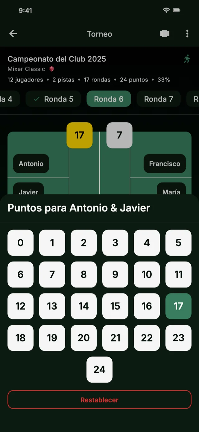 Captura de pantalla de la app mostrando la introducción de puntuaciones