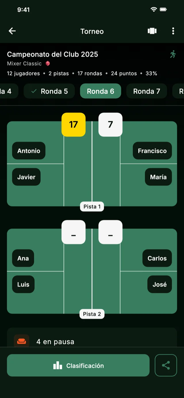 Captura de pantalla de la app mostrando las rondas del torneo