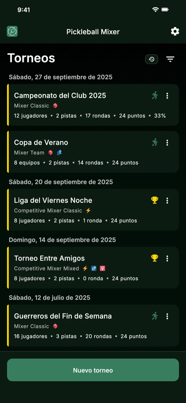 App de gestión de torneos de pickleball para formatos Mixer y Competitive Mixer