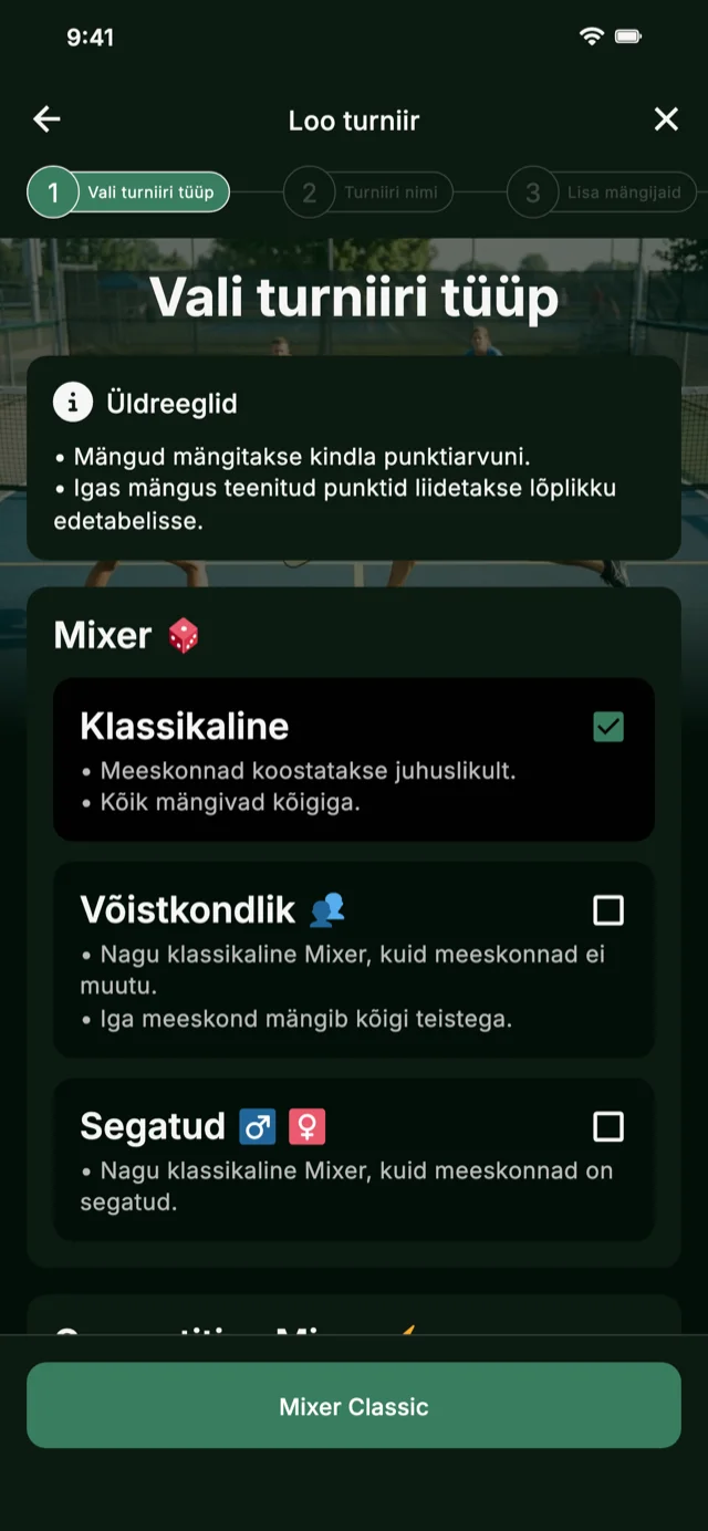 Pickleballi turniiri formaadi valik Mixer ja Competitive Mixer jaoks