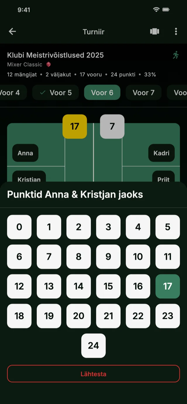 Rakenduse ekraanipilt, mis näitab skooride sisestamist