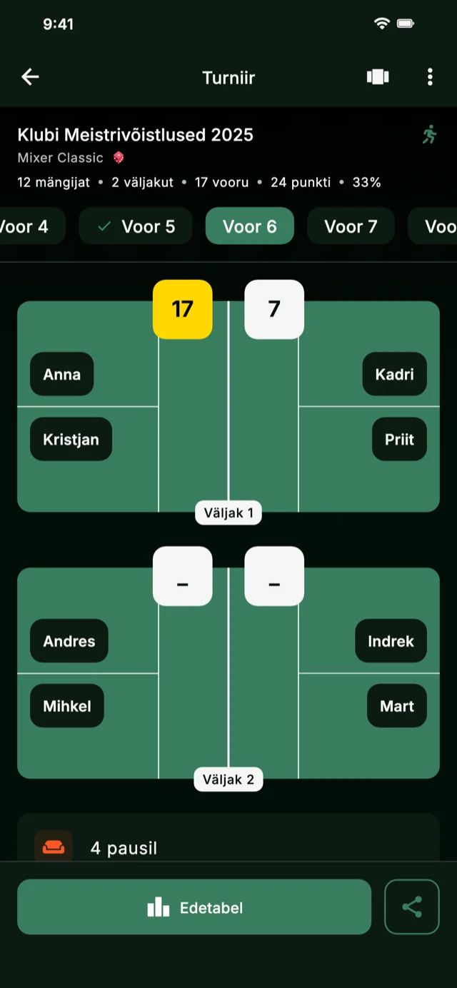 Rakenduse ekraanipilt, mis näitab turniiri voore