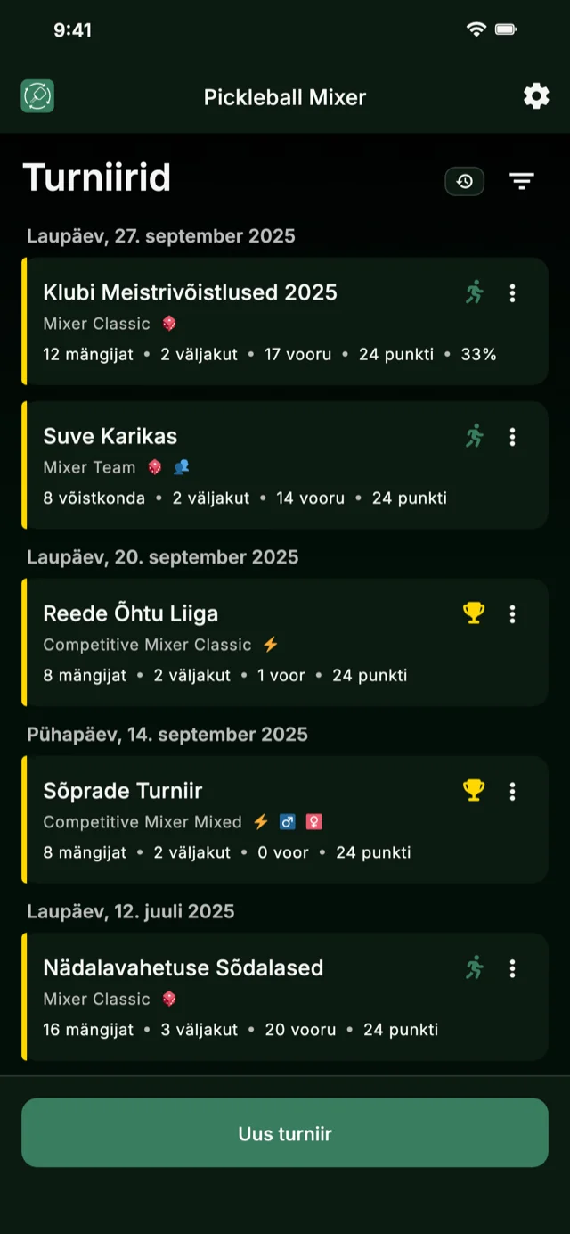 Pickleballi turniiri haldamise rakendus Mixer ja Competitive Mixer formaatide jaoks