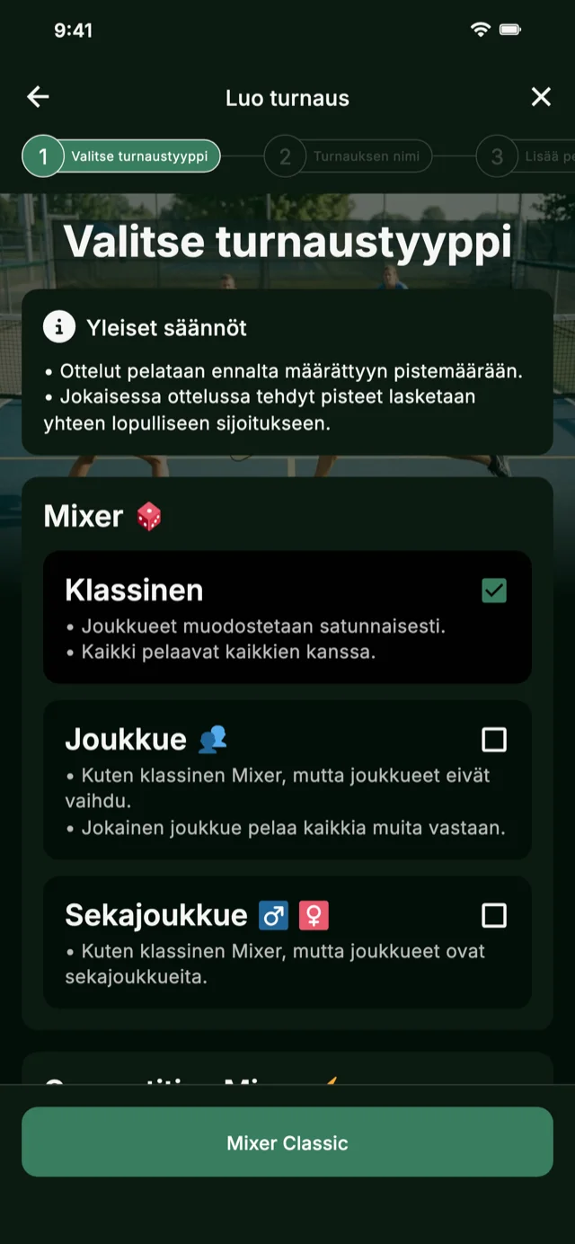 Pickleballturnausformaatin valinta Mixerille ja Competitive Mixerille