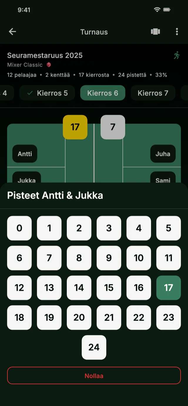 Sovelluksen kuvakaappaus pisteiden syötöstä