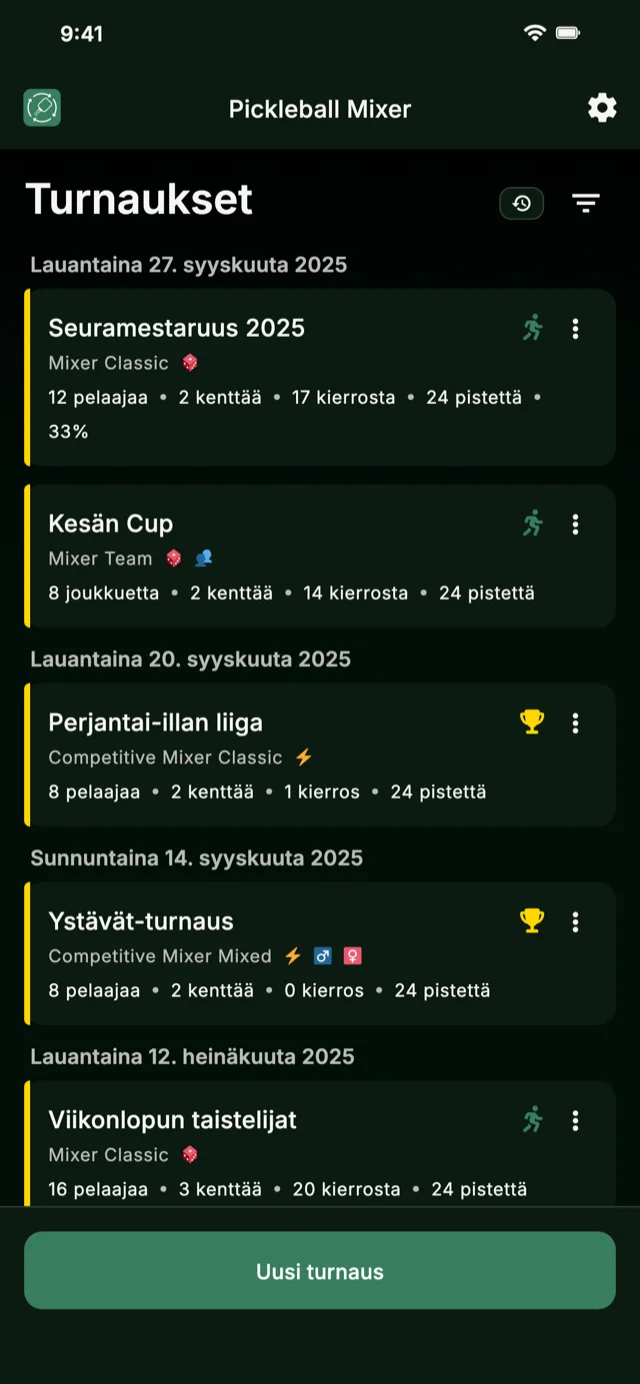 Pickleballturnauksen hallintasovellus Mixer- ja Competitive Mixer -formaateille