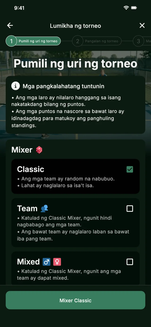 Pagpili ng pickleball tournament format para sa Mixer at Competitive Mixer