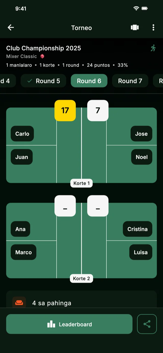 Screenshot ng app na nagpapakita ng mga tournament round
