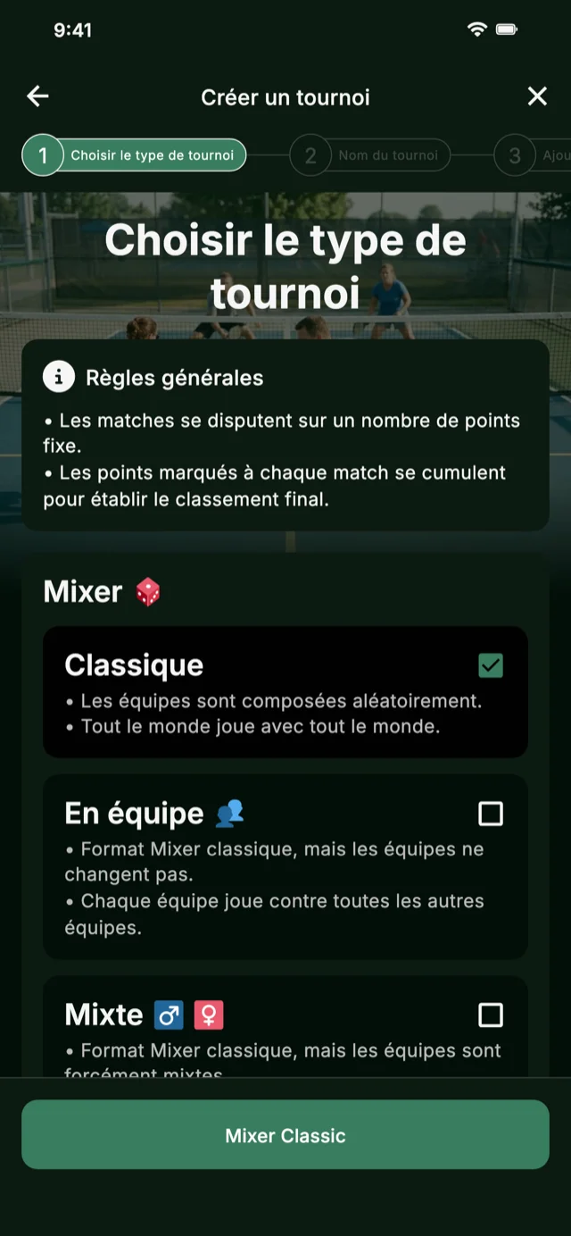 Sélection du format de tournoi de pickleball pour Mixer et Competitive Mixer