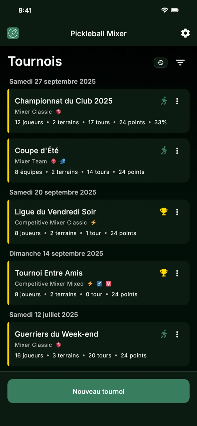 Application de gestion de tournois de pickleball pour les formats Mixer et Competitive Mixer