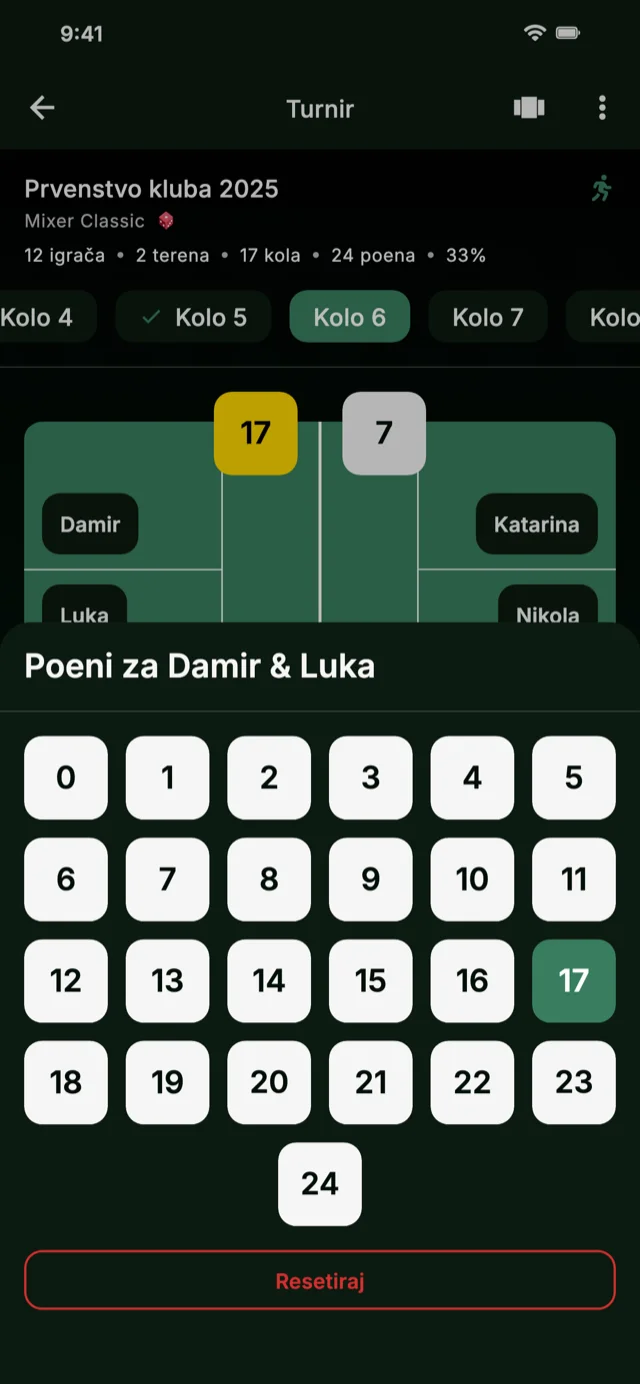 Snimak zaslona aplikacije koji prikazuje unos rezultata