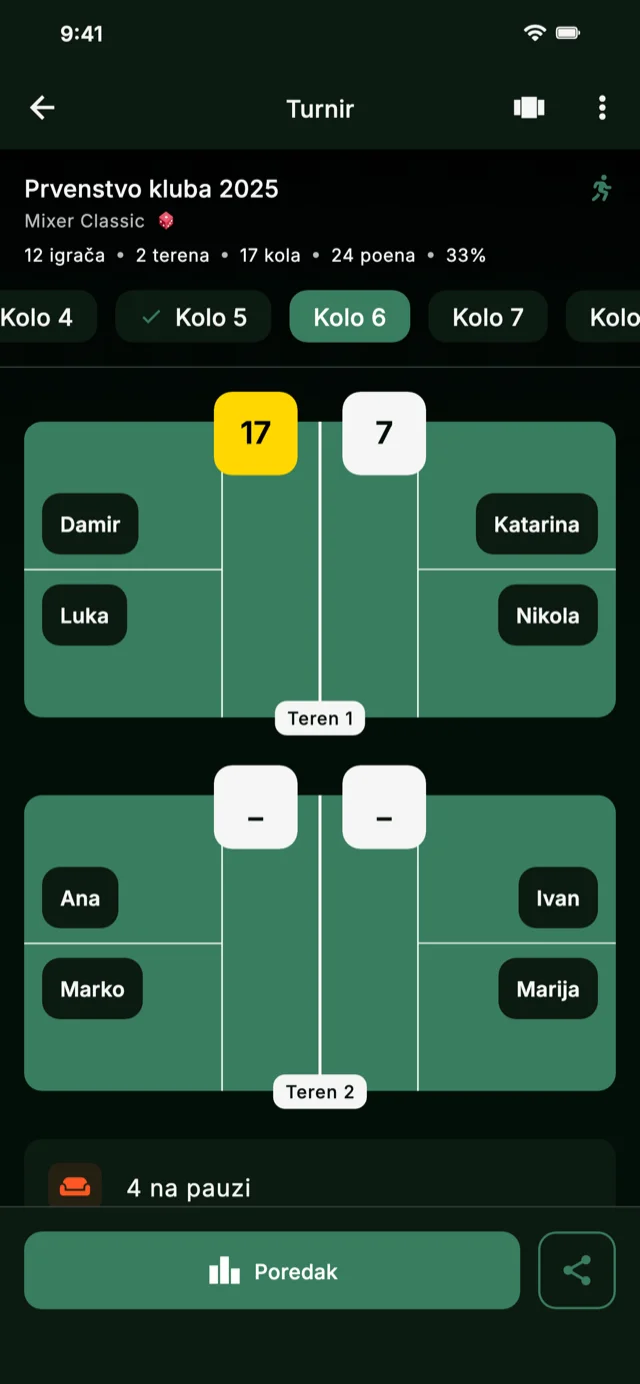 Snimak zaslona aplikacije koji prikazuje runde turnira