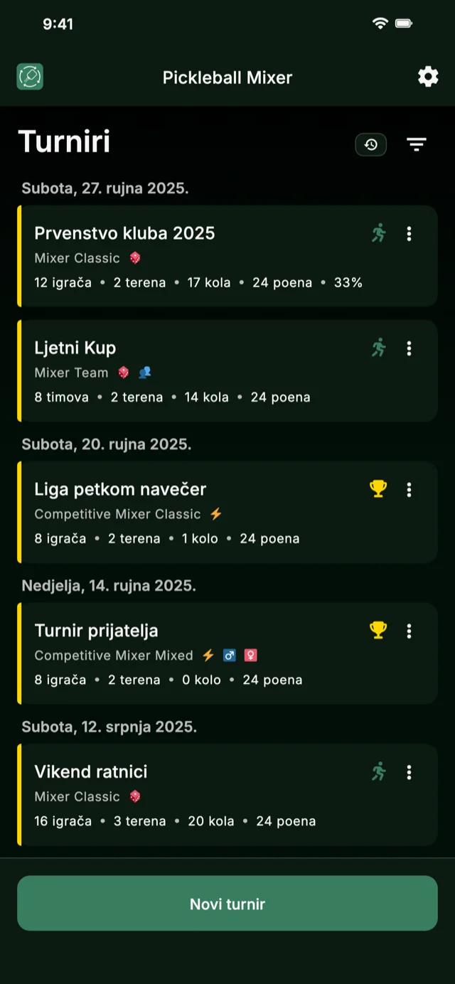 Aplikacija za upravljanje pickleball turnirima za formate Mixer i Competitive Mixer