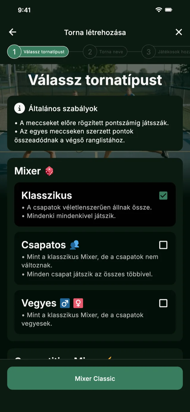 Pickleball versenyformátum kiválasztása Mixer és Competitive Mixer esetén