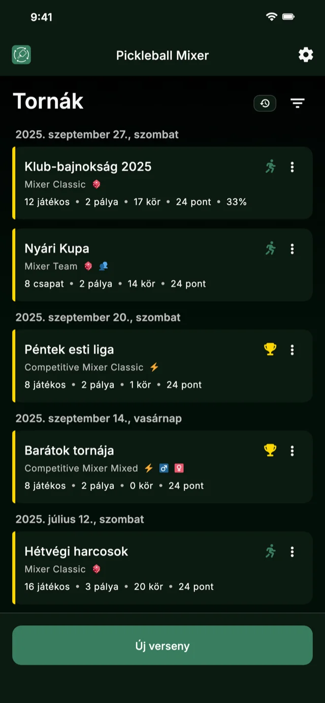 Pickleball versenykezelő alkalmazás Mixer és Competitive Mixer formátumokhoz