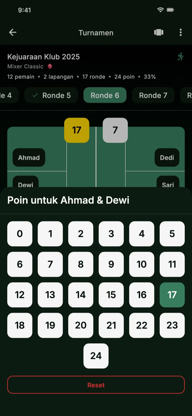 Screenshot aplikasi menampilkan input skor