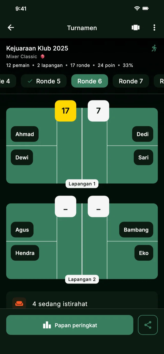 Screenshot aplikasi menampilkan ronde turnamen