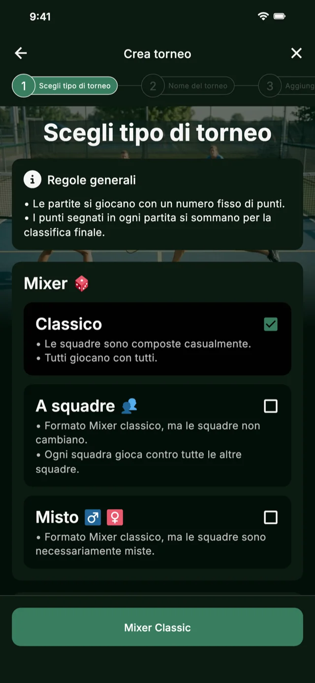 Selezione del formato torneo di pickleball per Mixer e Competitive Mixer