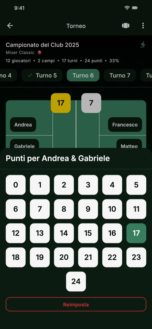 Screenshot dell'app con l'inserimento dei punteggi
