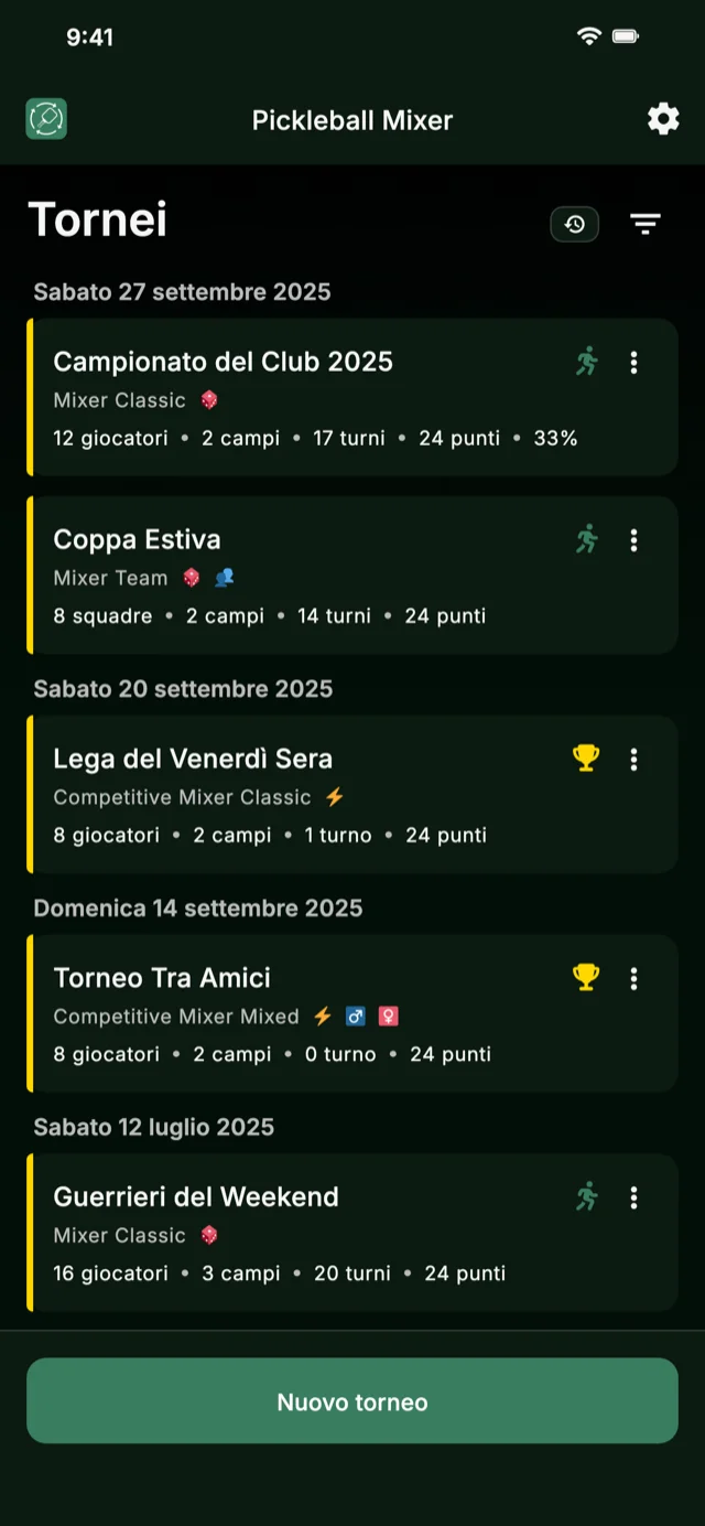 App di gestione tornei di pickleball per i formati Mixer e Competitive Mixer
