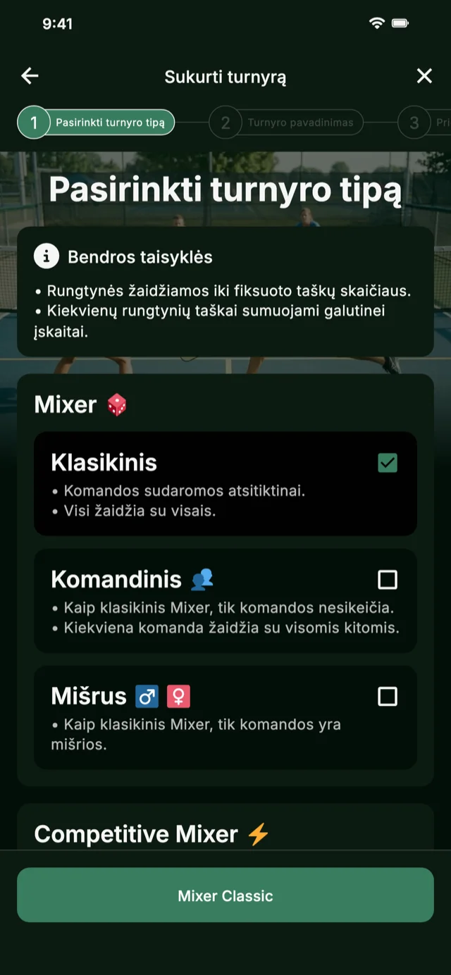 Pickleball turnyro formato pasirinkimas Mixer ir Competitive Mixer
