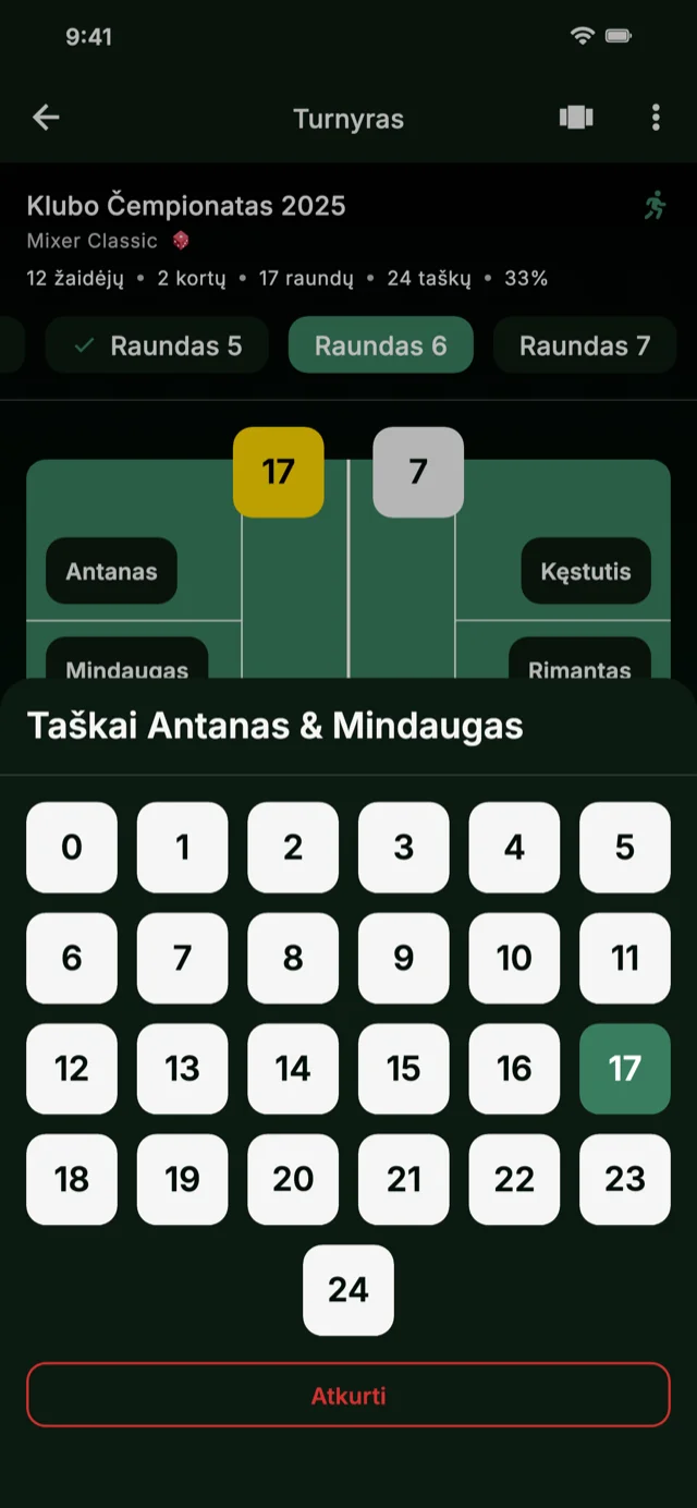 Programos ekrano kopija, rodanti taškų įvedimą