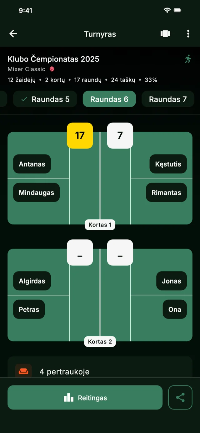 Programos ekrano kopija, rodanti turnyro raundus