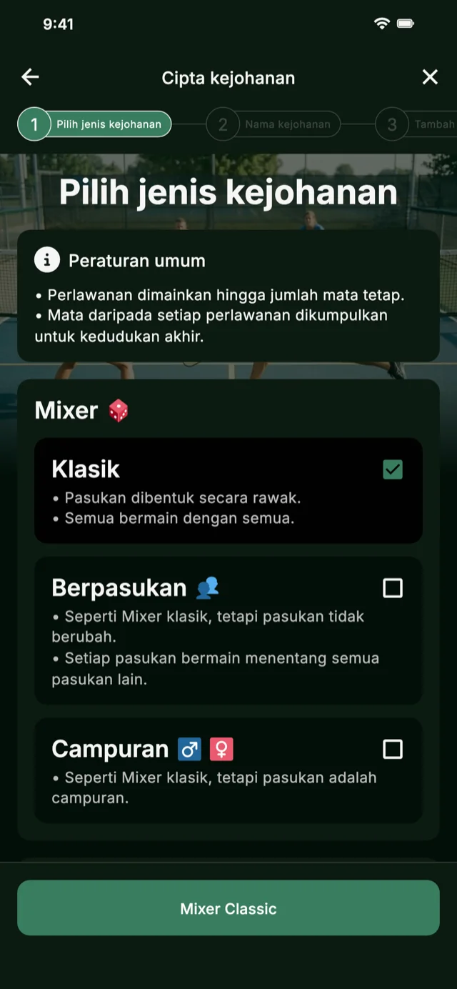 Pemilihan format kejohanan pickleball untuk Mixer dan Competitive Mixer