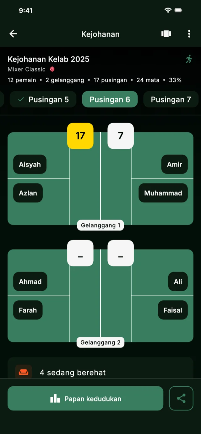 Tangkap layar aplikasi menunjukkan pusingan kejohanan