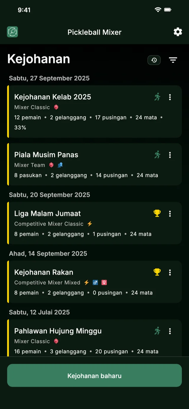 Aplikasi pengurusan kejohanan pickleball untuk format Mixer dan Competitive Mixer