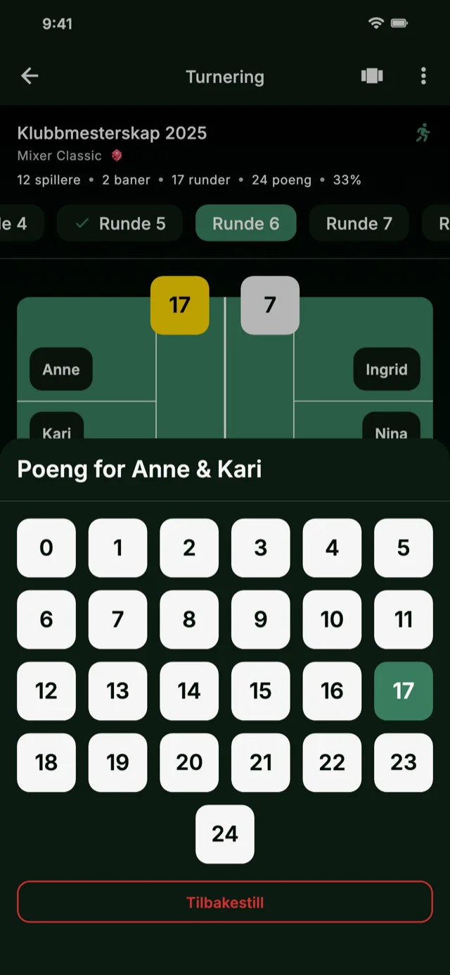 App-skjermbilde som viser poengregistrering