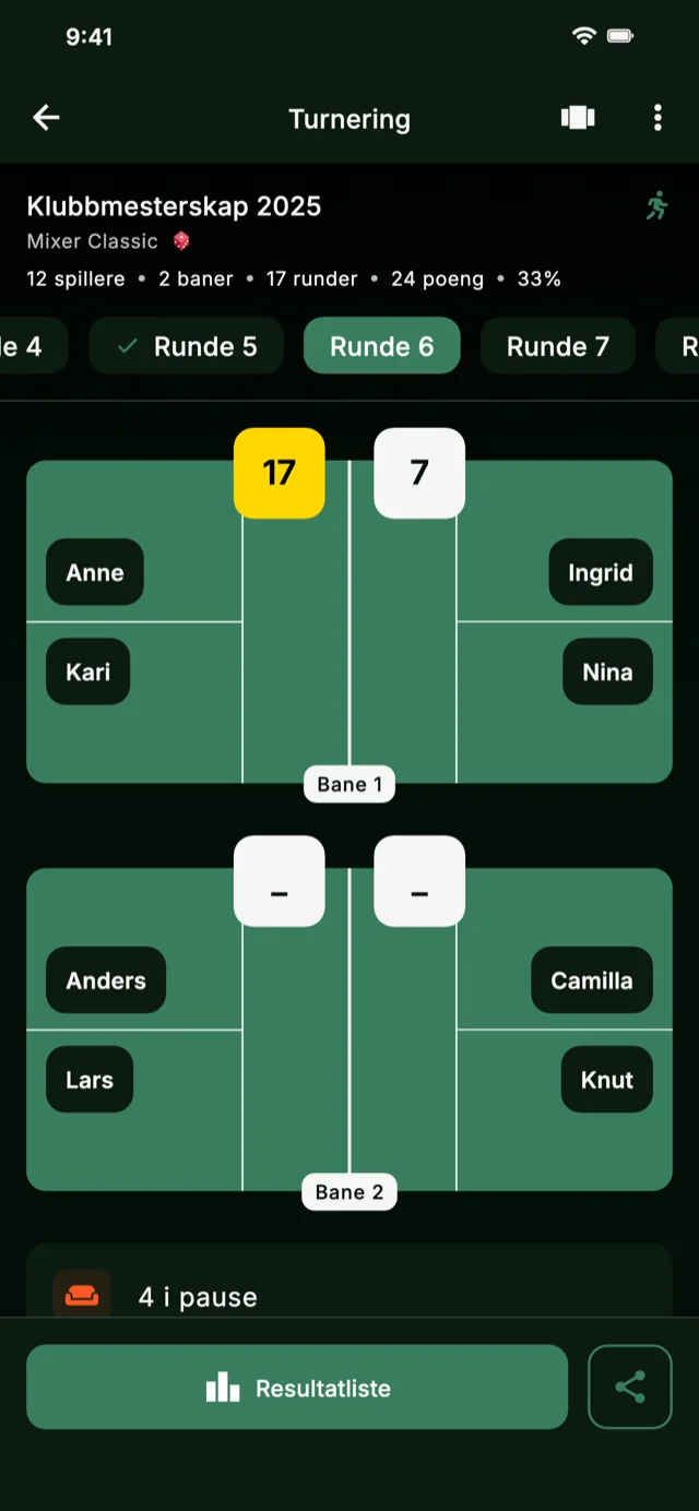 App-skjermbilde som viser turneringsrunder