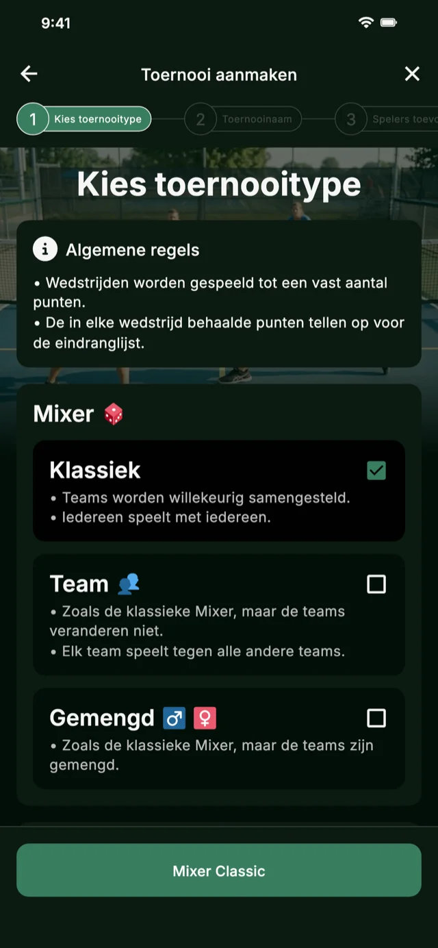Pickleball toernooiformaat selectie voor Mixer en Competitive Mixer