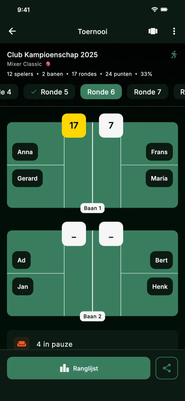 App screenshot met toernooirondes