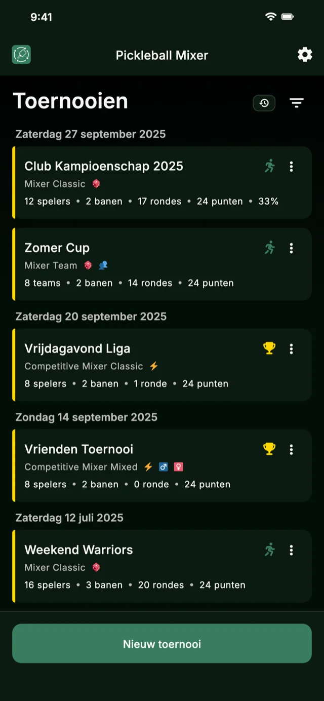 Pickleball toernooi beheer app voor Mixer en Competitive Mixer formats