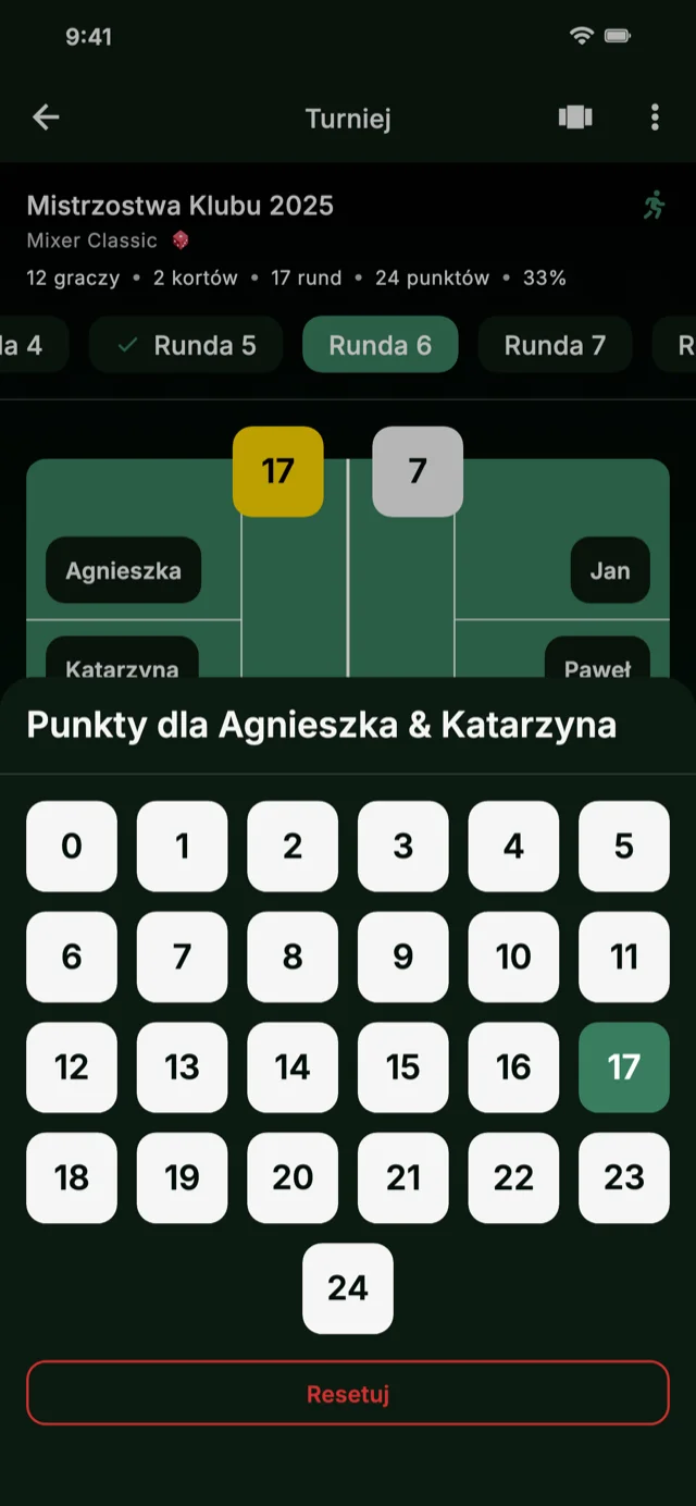Zrzut ekranu aplikacji pokazujący wprowadzanie wyników