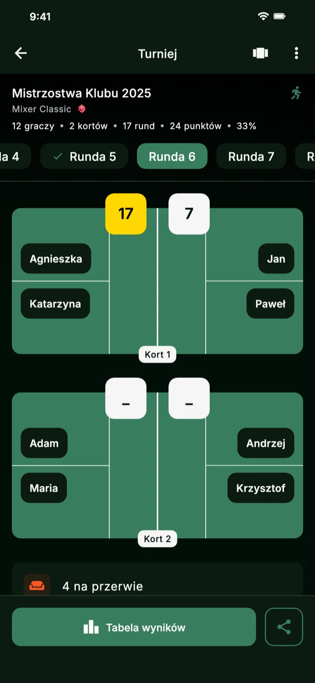 Zrzut ekranu aplikacji pokazujący rundy turnieju
