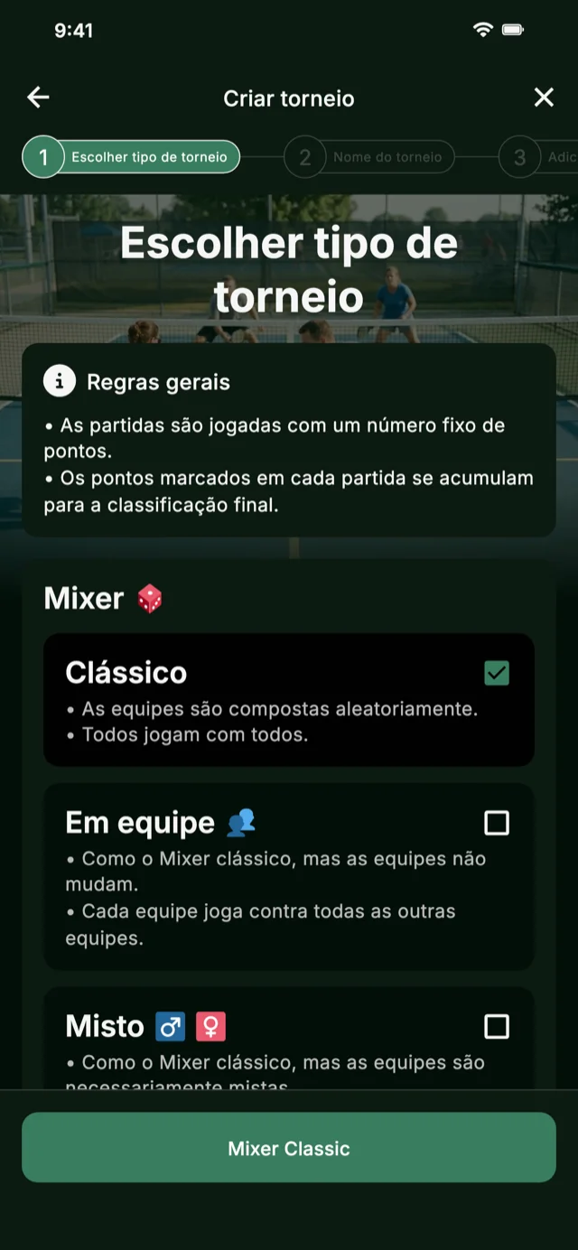 Seleção de formato de torneio de pickleball para Mixer e Competitive Mixer