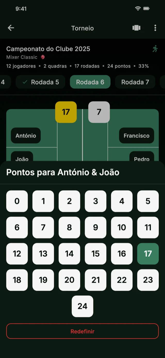 Captura de ecrã da app a mostrar a introdução de pontuações