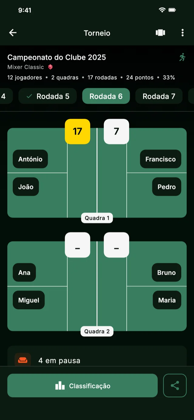 Captura de ecrã da app a mostrar as rondas do torneio