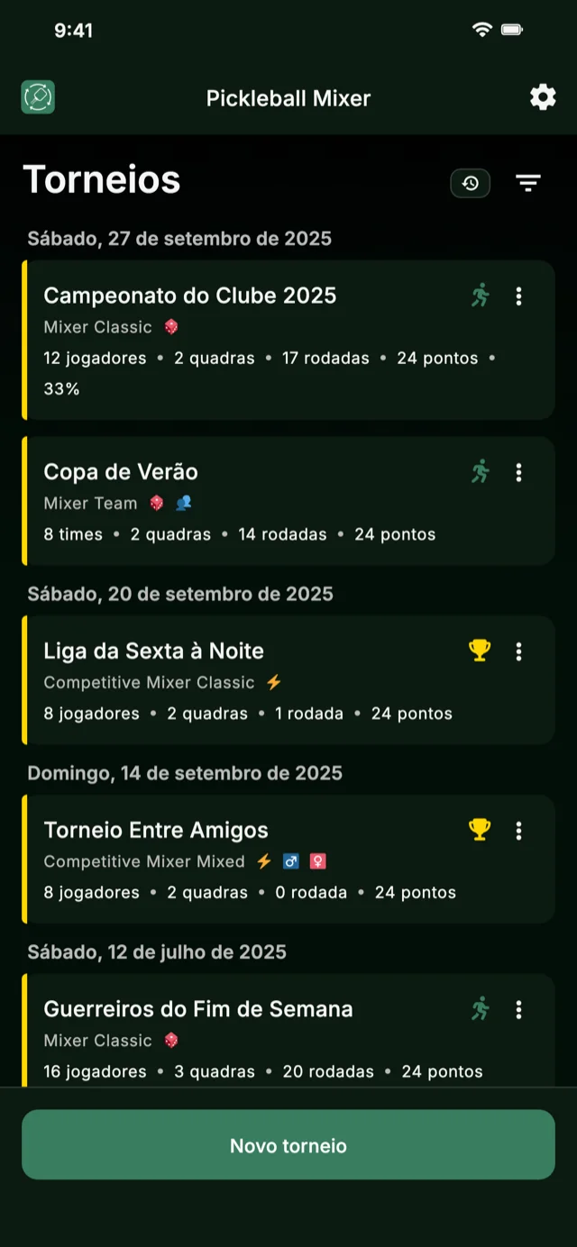 App de gestão de torneios de pickleball para formatos Mixer e Competitive Mixer