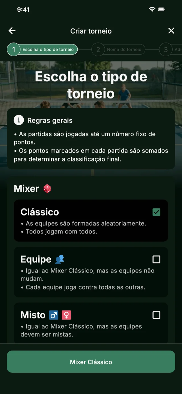 Seleção de formato de torneio de pickleball para Mixer e Competitive Mixer